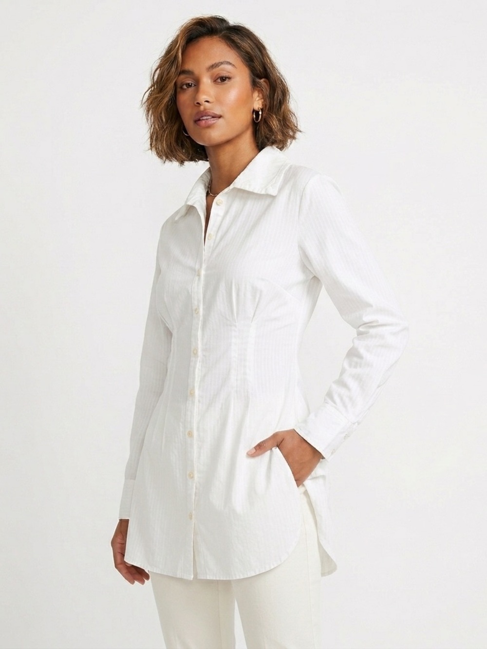 Cp Shades High Collar Princess Seam Cotton Tunic Shirt White Size L